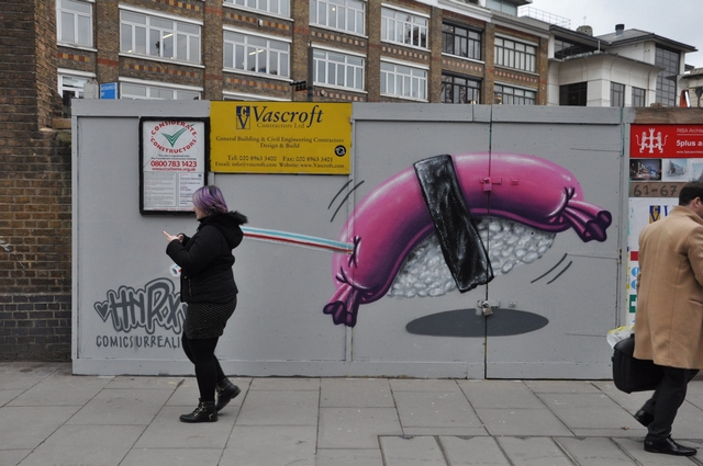 London, Shoreditch, street art, HRNX, teeth, sausage,purple, red, tour, funny, comedy, humour, augmentation, interaction