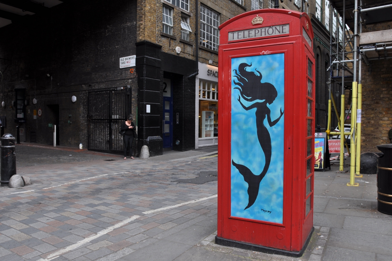 London, street art, Shoreditch, guided tour, graffiti, Megzany, stencil, paste up, mermaid, phone box