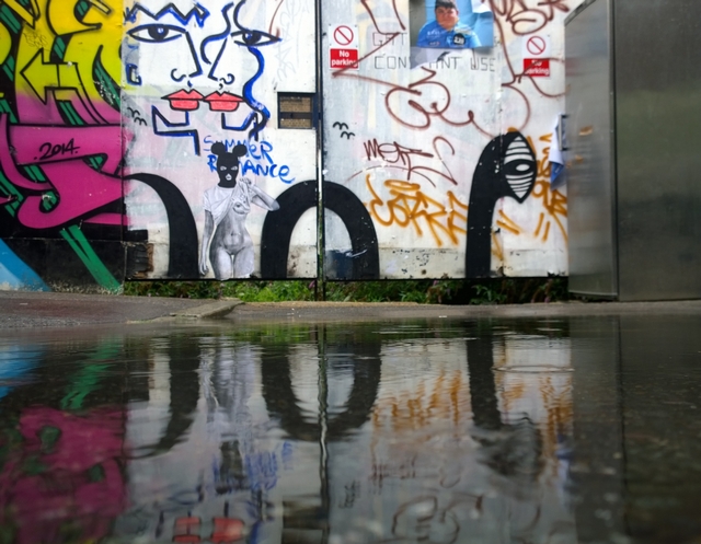 street art painting of Loch Ness Monster by Noriaki reflected in a puddle in Shoreditch