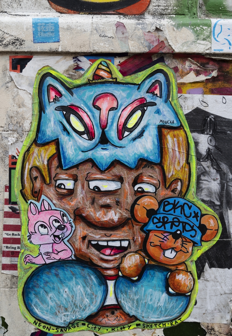 collaborative street art in Shoreditch from Neon Savage, City Kitty, Sketch Rat, Mowcka June 2020