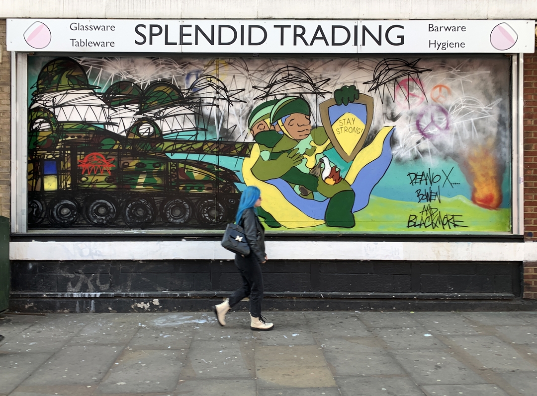 Street art mural collaboration in support of Ukraine in shoreditch, by Nathan Bowen, Harry Blackmore and Deanio X