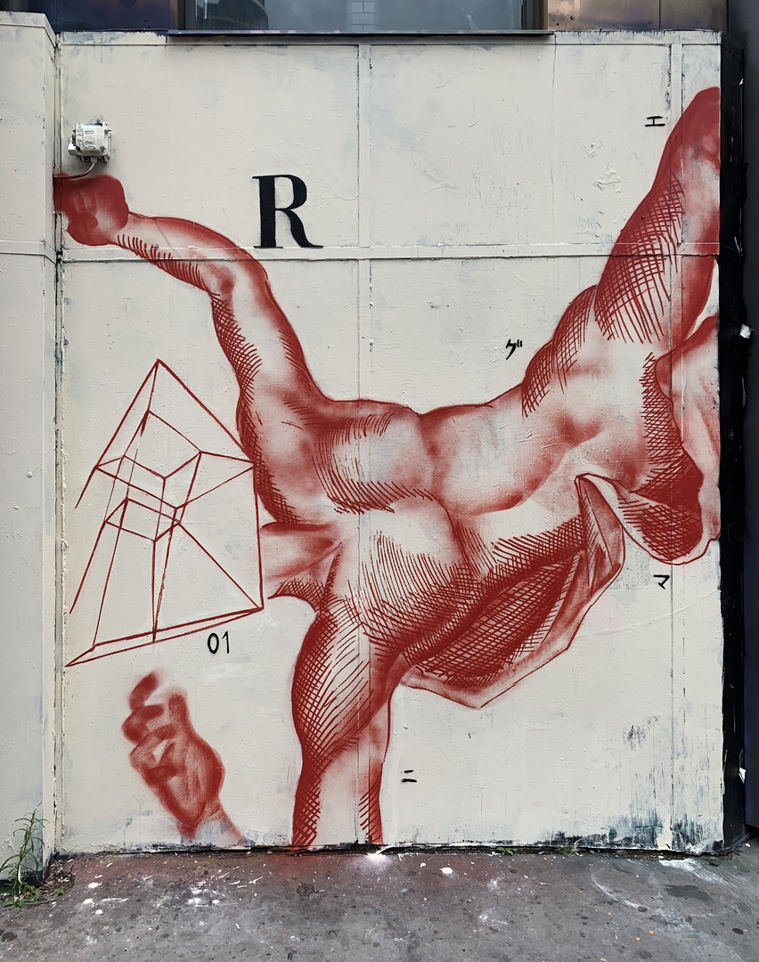 Enigma street art surreal painting of male body with line diagram head