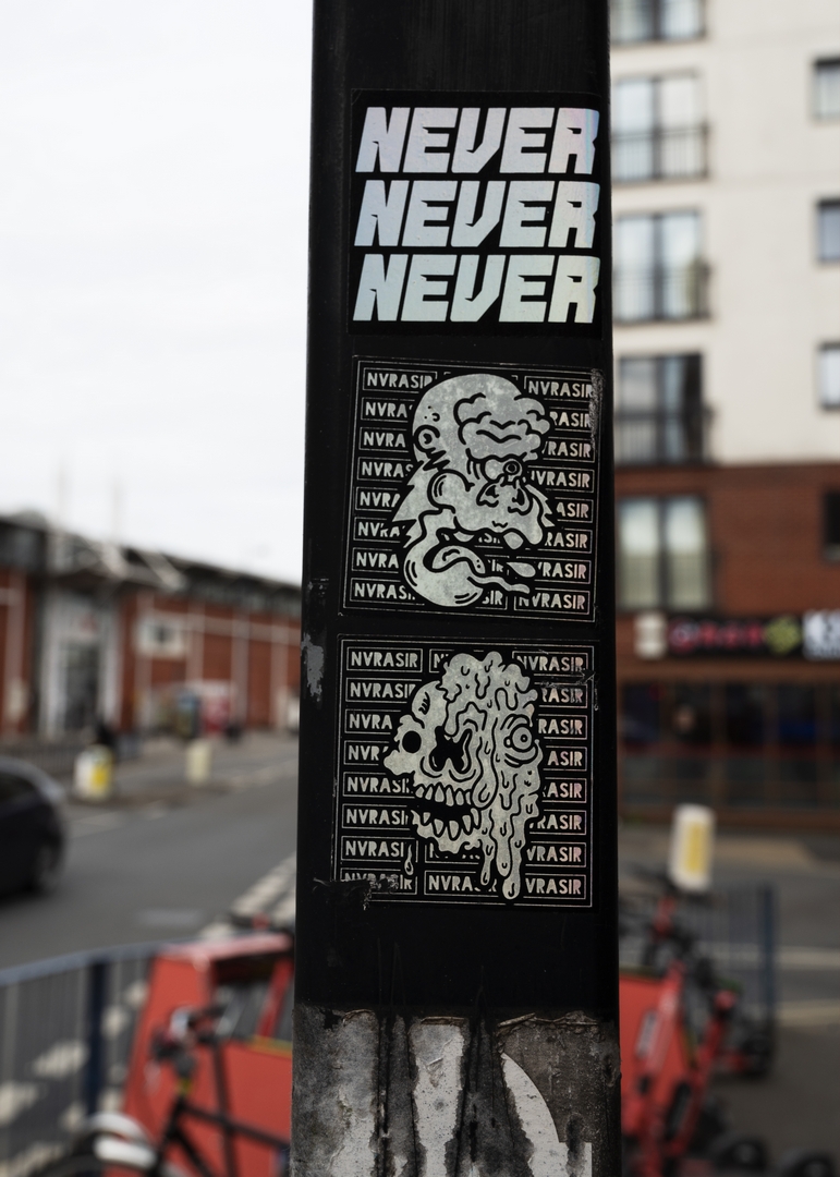 Sticker artist NVRASIR on a lamppost in Birmingham