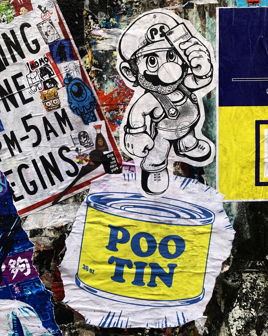 paste up street art by Mister Edwards mocks Putin with illustration of a tin labelled "poo tin", based on Manzoni "artist's shit"