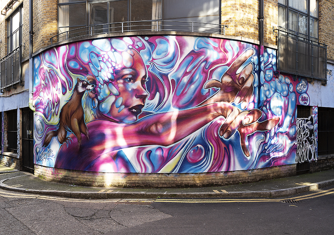 a street art mural lights up when reflected sunshine shines on it