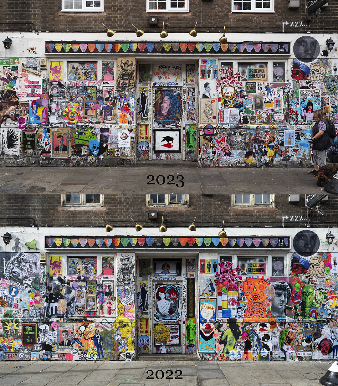 Composite image of the front of the former Seven Stars pub on Brick Lane comparing the appearance on two dates about a year apart