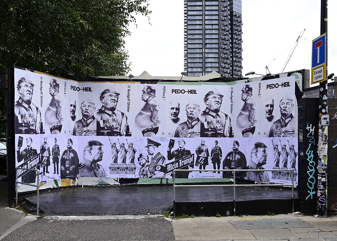 Illustration of Donald Trump in Nazi regalia on the streets of Shoreditch week of his Second state visit